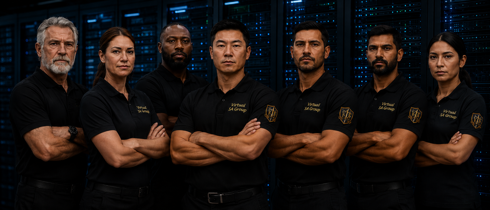Group of technology professionals in black Virtual SA Group polos standing in front of server racks.