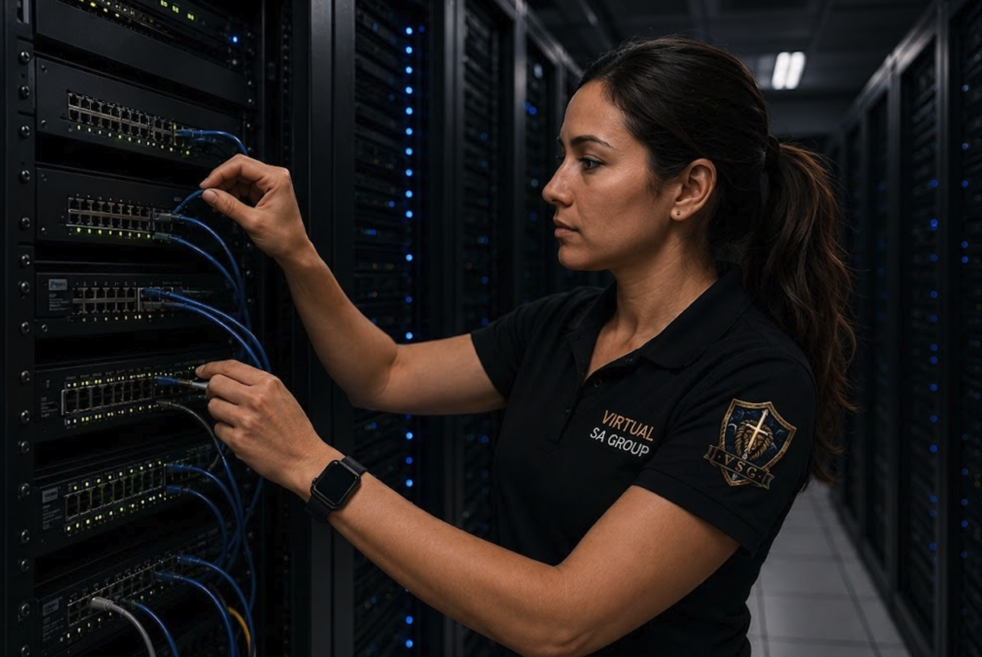 IT professional working on network switches and cabling in a server rack.