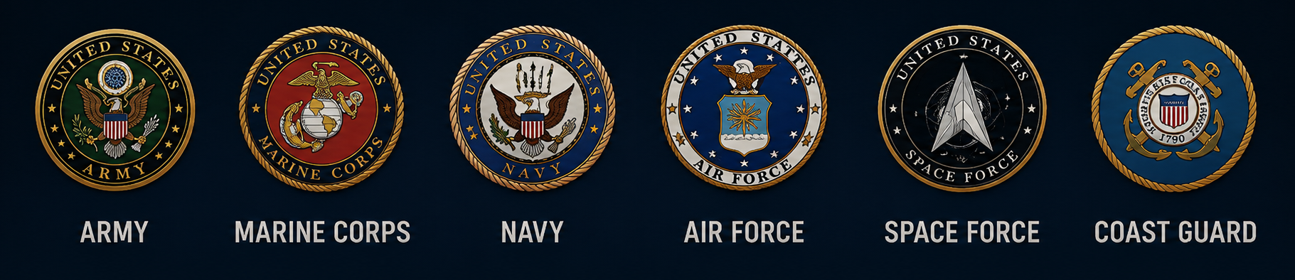 Emblems of the U.S. Army, Marine Corps, Navy, Air Force, Space Force, and Coast Guard.
